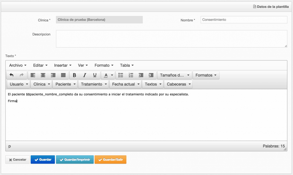 Plantilla para consentimiento en software dental