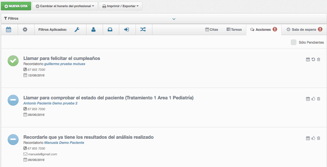 acciones Listado de acciones en software de citas médicas
