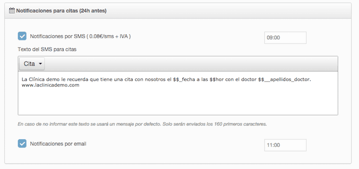 Activación de avisos de citas por SMS Personalización avisos en software de citas médicas