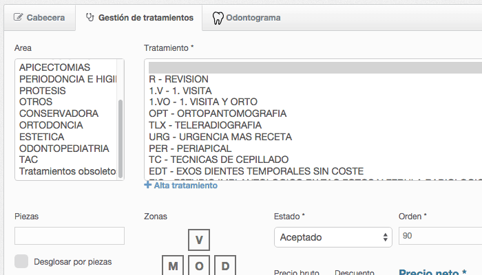 Alta de tratamientos en presupuesto paciente Alta de presupuesto software de gestión de clínica