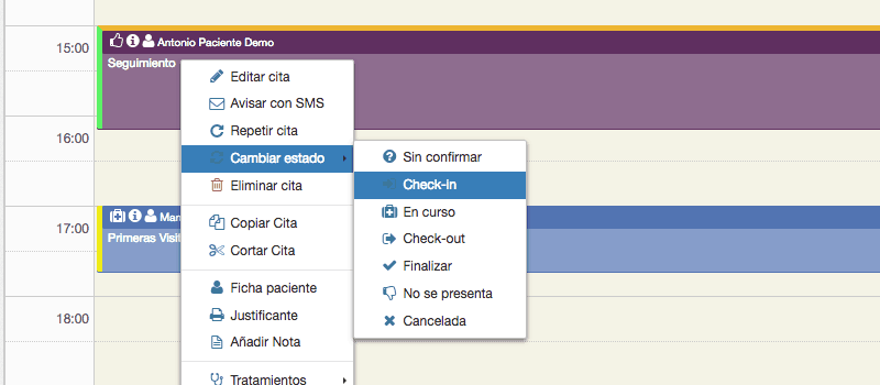 Check-in de citas desde el calendario de tu clínica con tu software médico