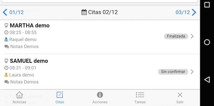 Vista citas app movil Citas en software de citas médicas