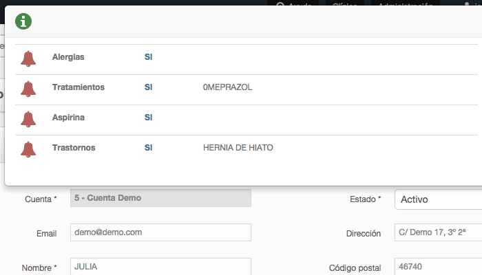 Cuadro de alarmas en ficha de paciente Cuadro de alarmas en software de gestión de clínica