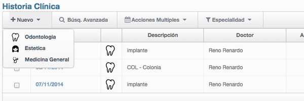 Imagen de la gestión de tratamientos con distintas especialidades en la historia clínica de un paciente