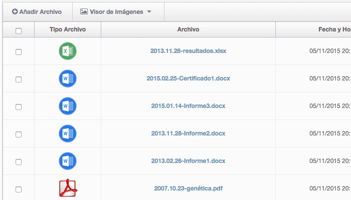Lista de anexos en ficha de paciente Listado de documentos en software de gestión de clínica