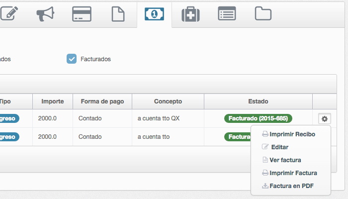 Listado de facturas en ficha de paciente Listado de facturas en software de gestión de clínica