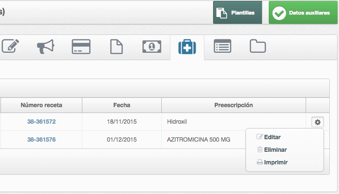 Lista de recetas en ficha paciente Listado de recetas en software de gestión de clínica