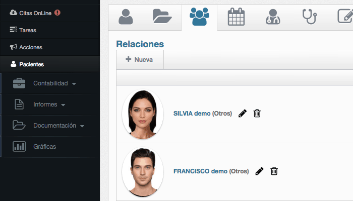 Lista de relaciones con otros pacientes Detalle relaciones en software de gestión de clínica