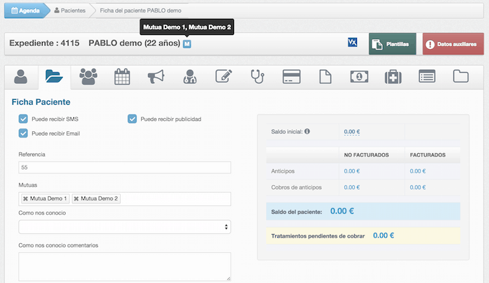Pacientes con mutuas en software gestión clínica