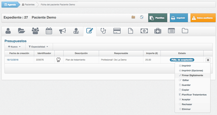 Firma digital de presupuestos en software para clínicas- Selección de presupuesto