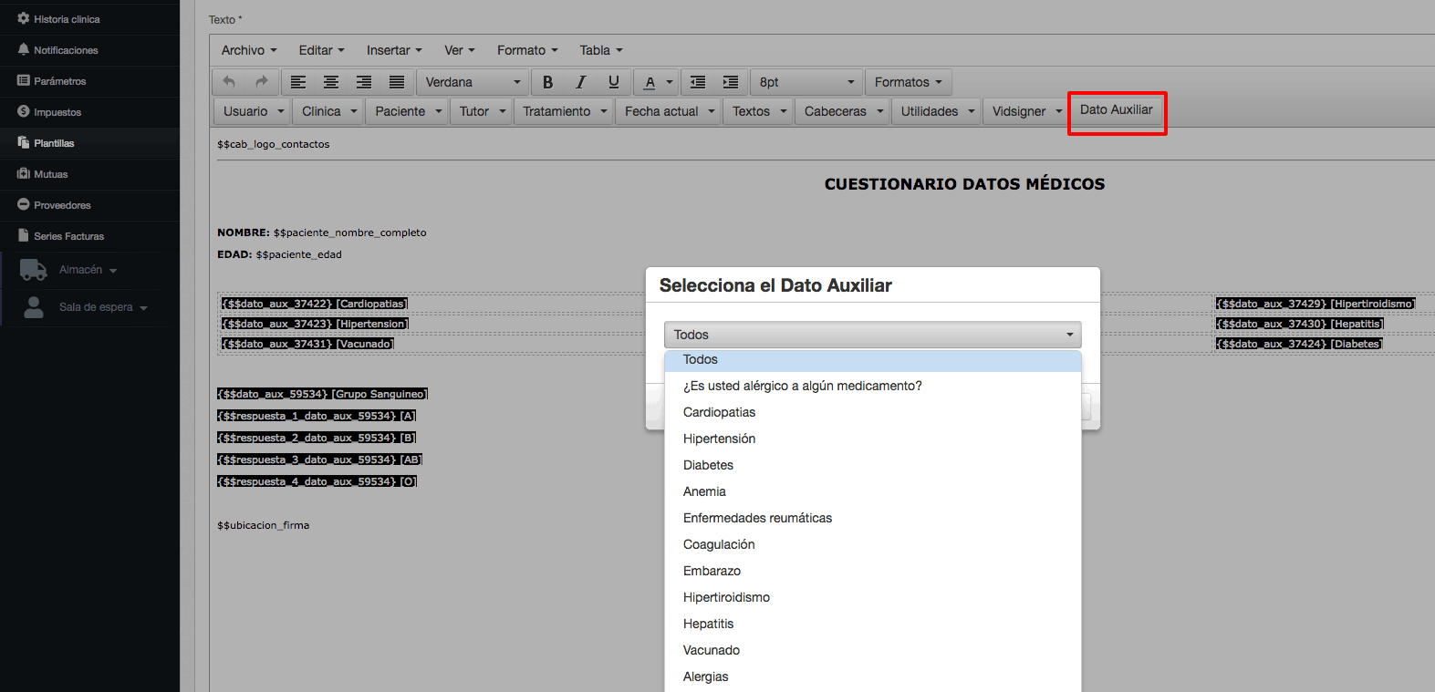 Selección de datos médicos en plantillas